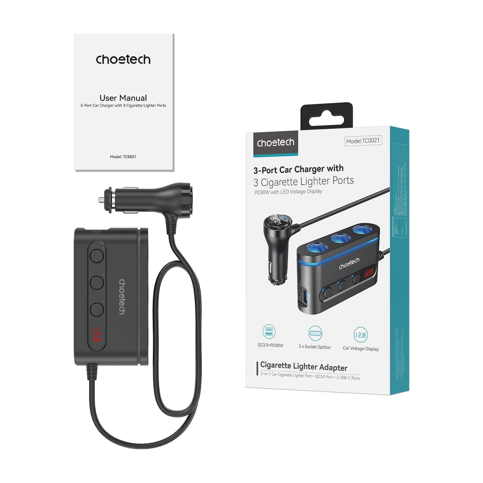 Choetech ZapDo TC0021 Car Charger with 3-Port Cigarette Lighter Splitter, Black — alternate view