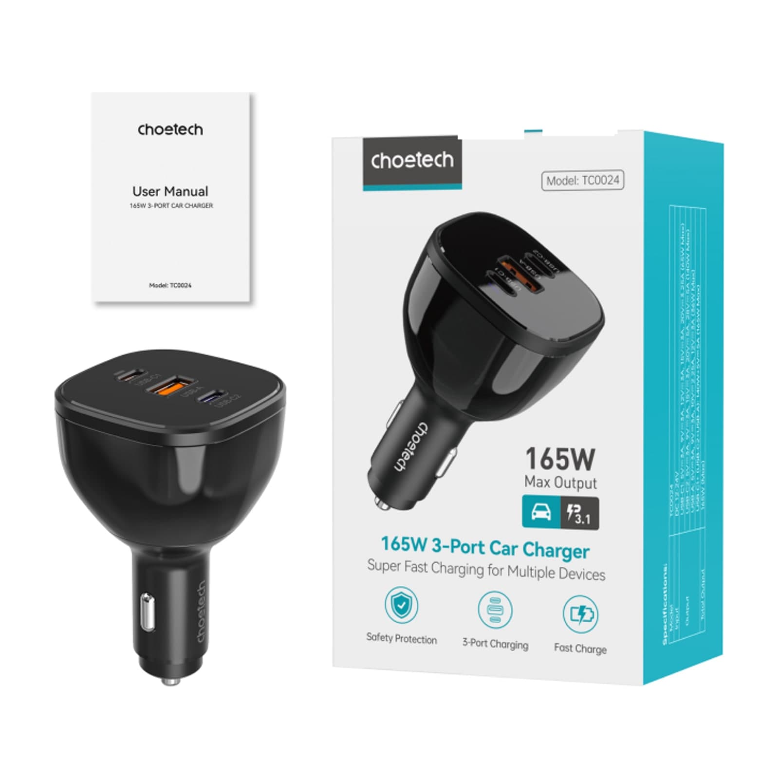 Choetech ZapUp TC0024 160W PD 3.1 Car Charger, 140W USB-C, Black — alternate view