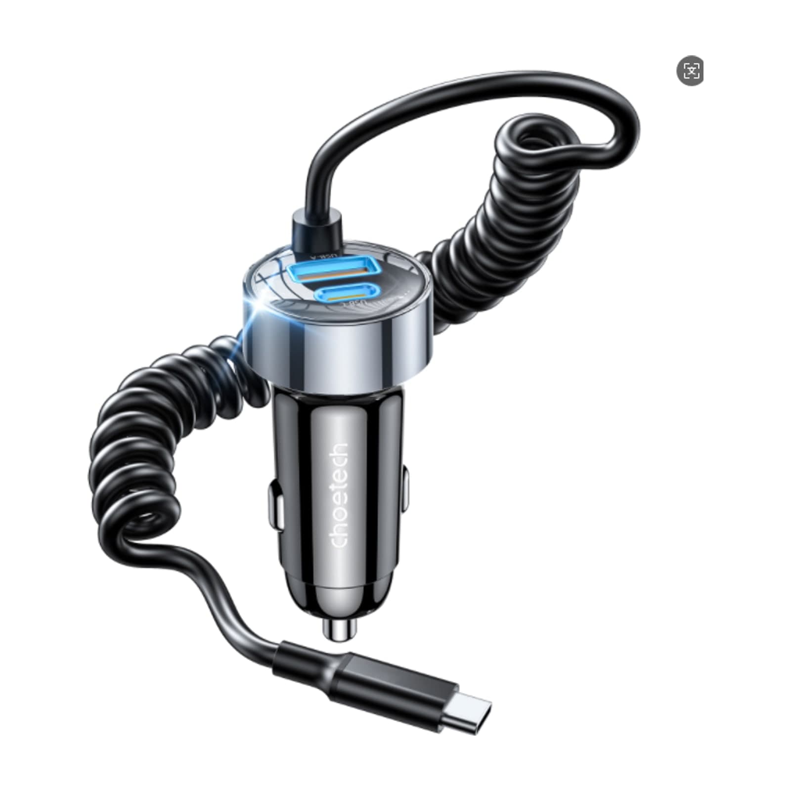 Choetech ZapUp TC0030 65W Car Charger with Stretchable USB-C Cable, Black