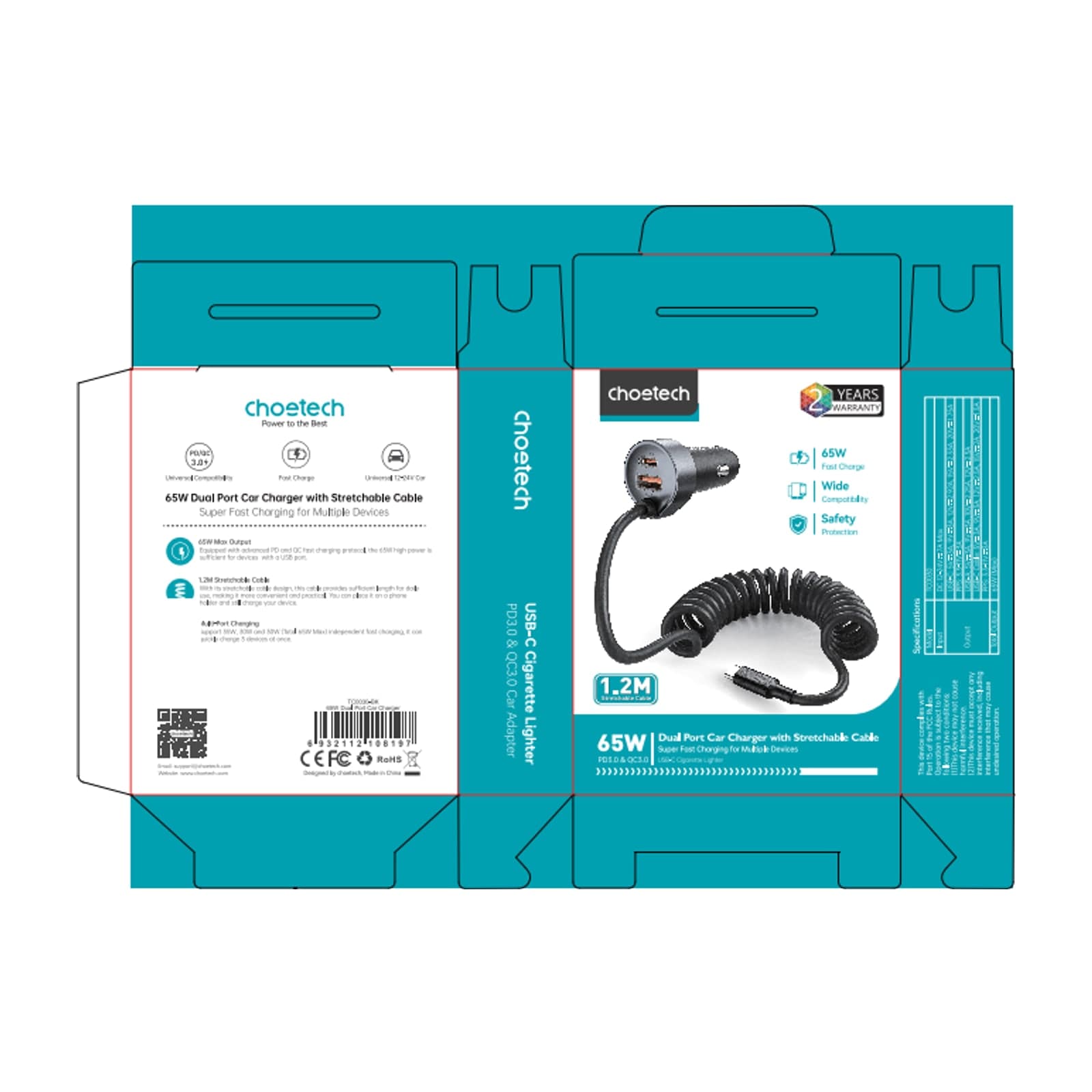 Choetech ZapUp TC0030 65W Car Charger with Stretchable USB-C Cable, Black — alternate view