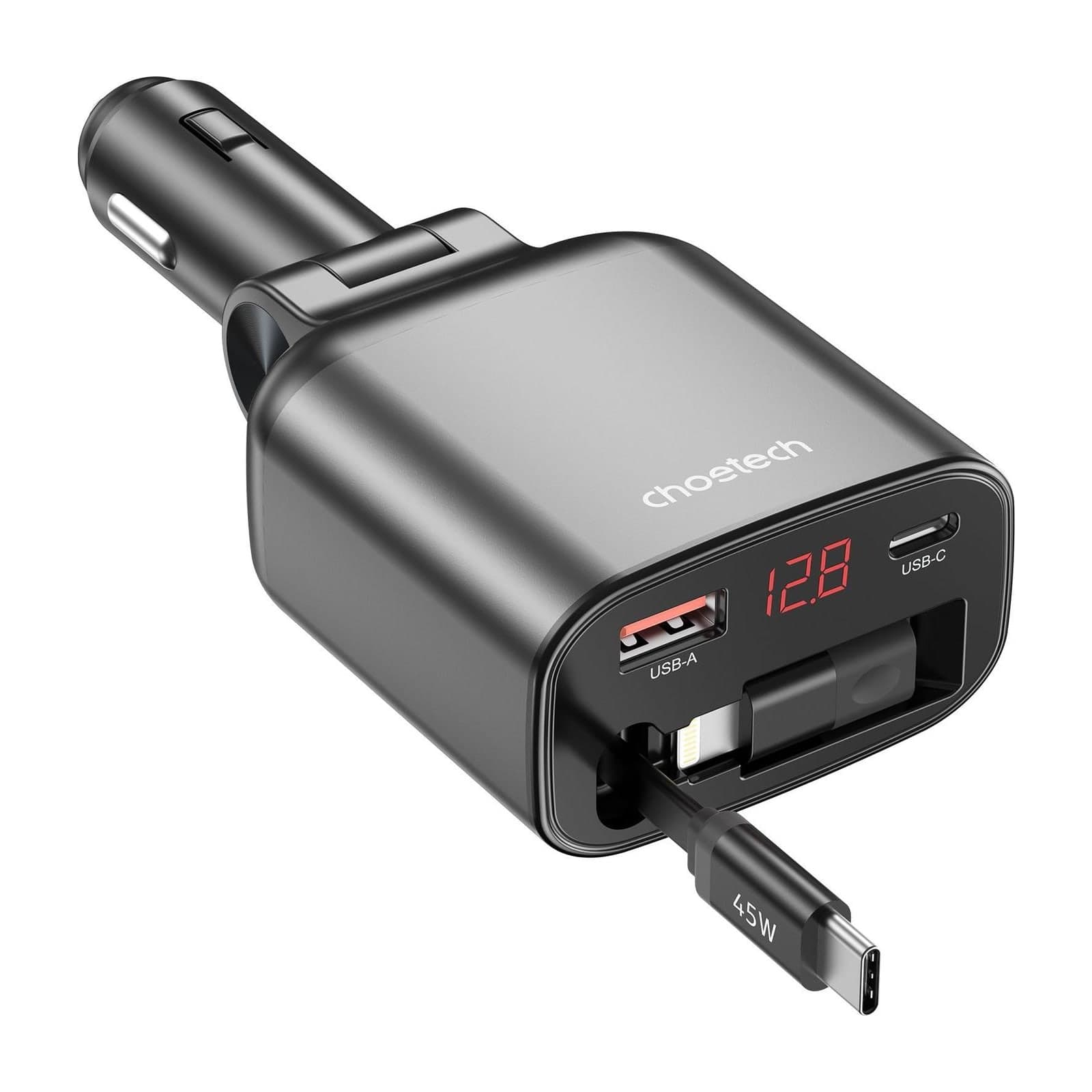 Choetech ZapUp TC0033 105W Car Charger with 45W Retractable USB-C Cable, Black