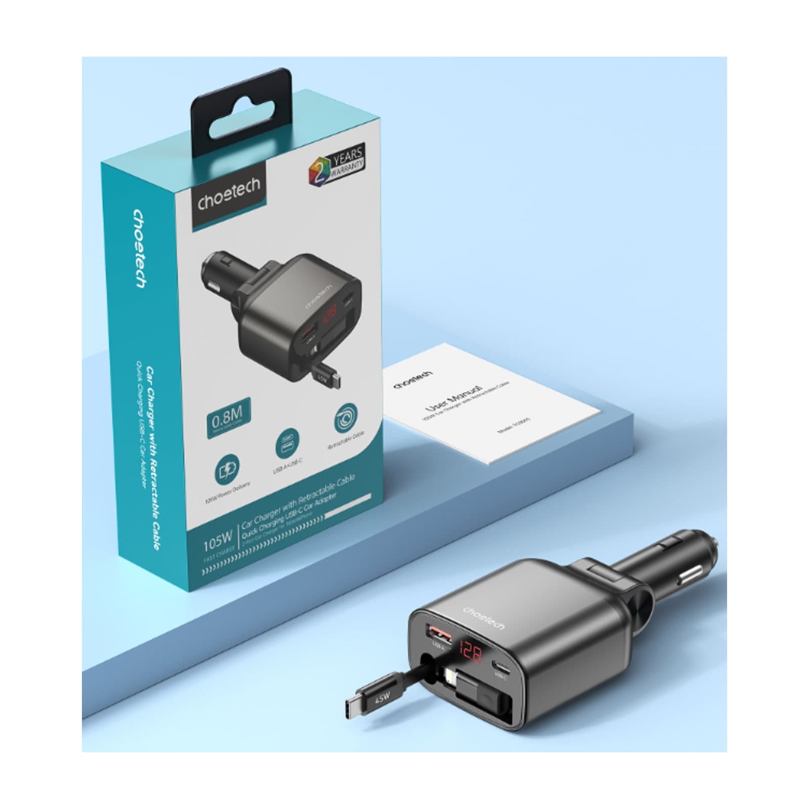Choetech ZapUp TC0033 105W Car Charger with 45W Retractable USB-C Cable, Black — alternate view