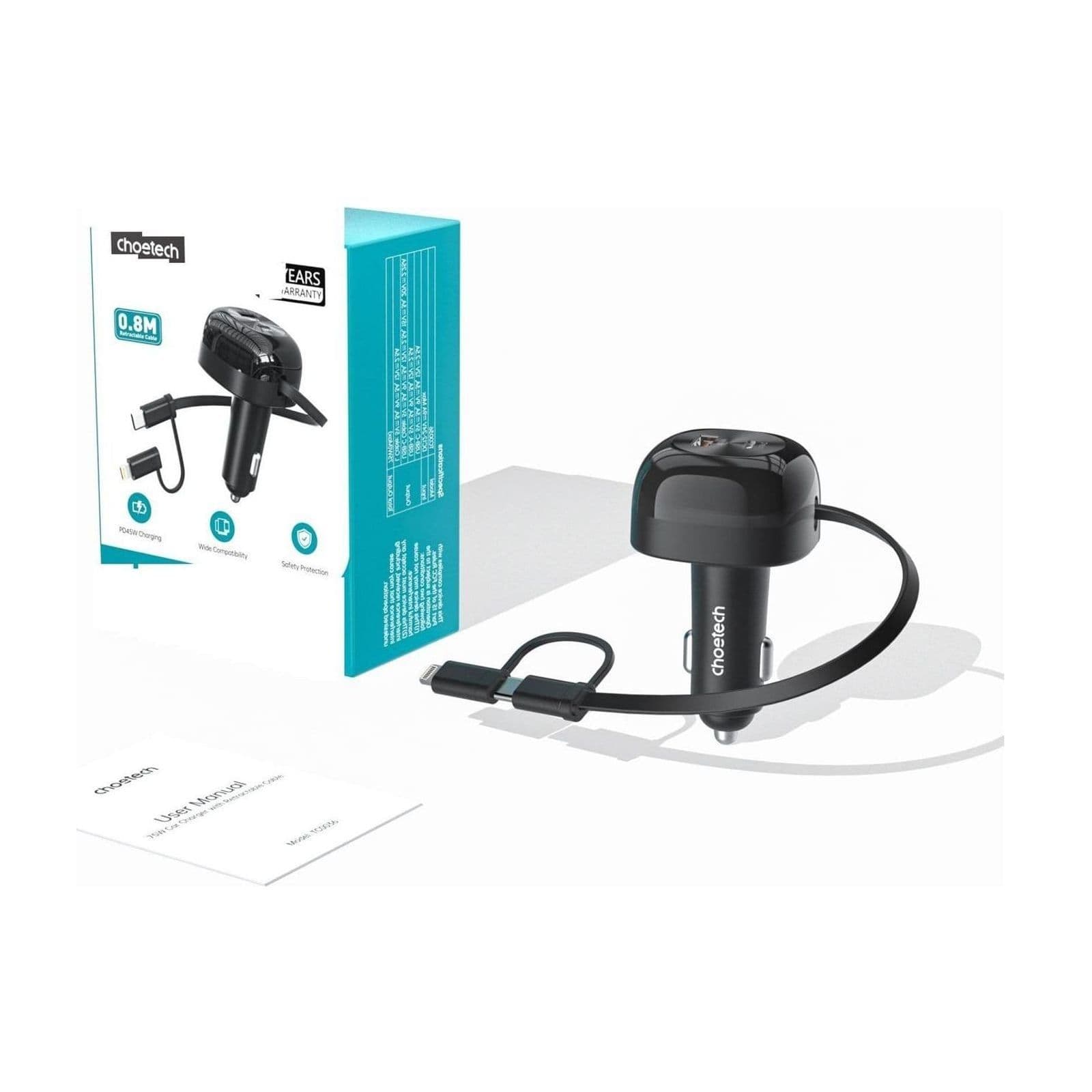 Choetech ZapUp TC0036 45W Car Charger with USB-C and Lightning Cables, Black — alternate view