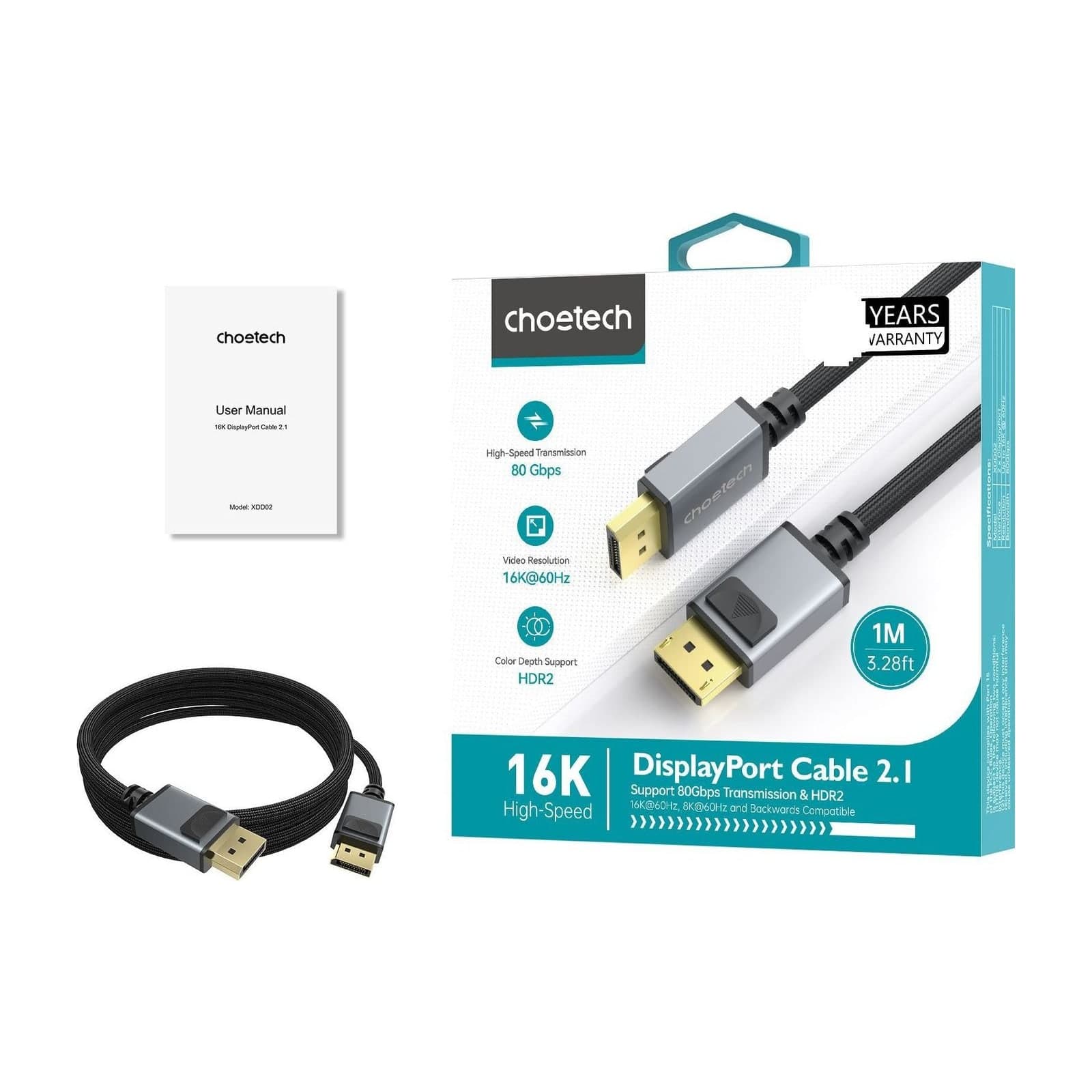 Кабель Choetech VisionLink XDD02 DisplayPort 2.1, 16K 80 Гбит/с, 1 м, в оплётке — alternate view