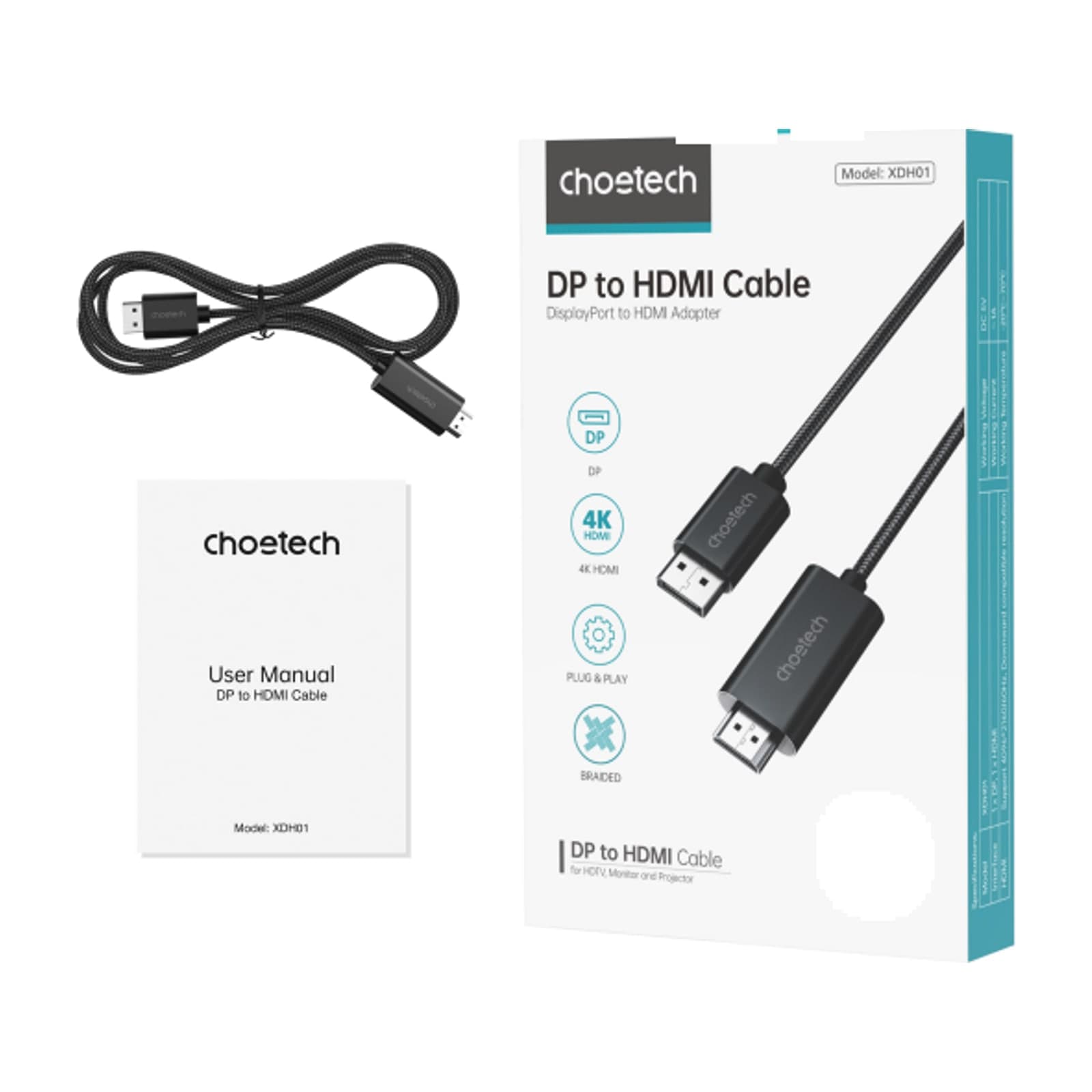 Choetech VisionLink XDH01 DisplayPort to HDMI Cable, 4K 60 Hz, 2 m, Black — alternate view