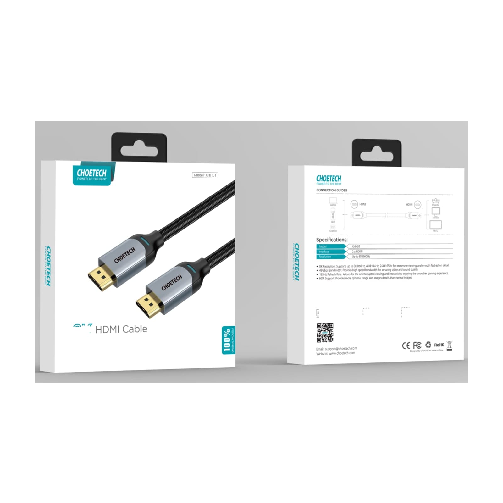Choetech VisionLink XHH01 8K HDMI Cable, 165 Hz, 2 m, Braided, Black — alternate view
