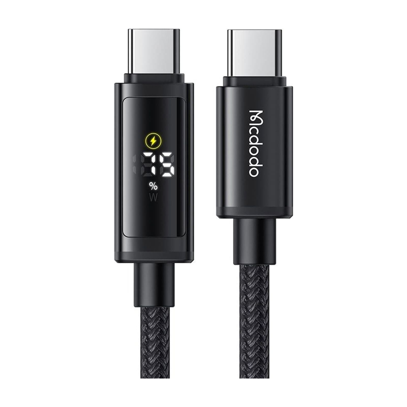 Mcdodo CA-800 USB-C to USB-C cable, black nylon braid, with a charge display in the connector