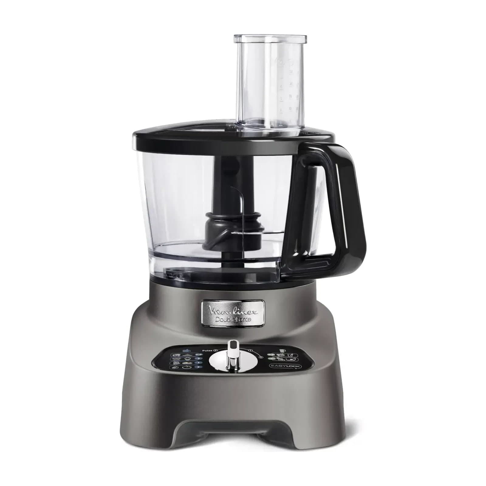 Moulinex DoubleForce FP825E27 food processor, assembled with its 3 L bowl and feed tube