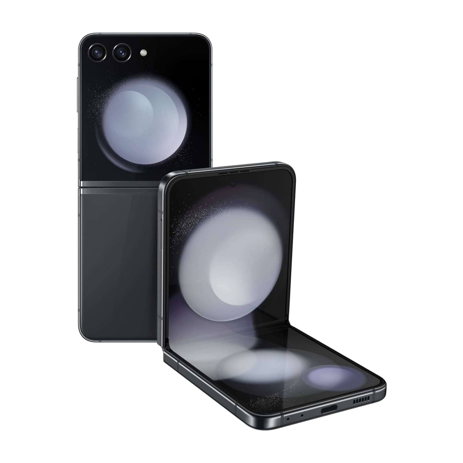 Samsung Galaxy Z Flip5 in graphite, closed and open