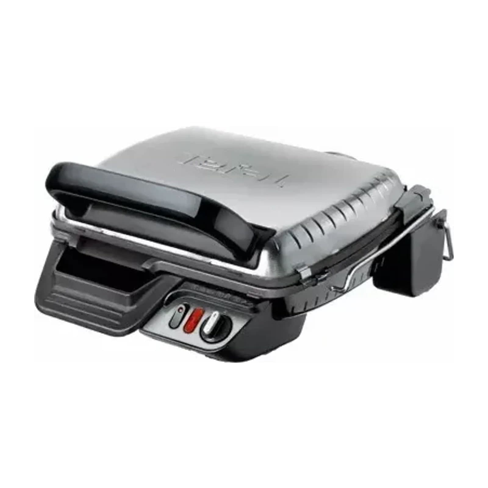 Tefal Ultracompact GC306028 grill and barbecue, silver, shown open with its two juice trays