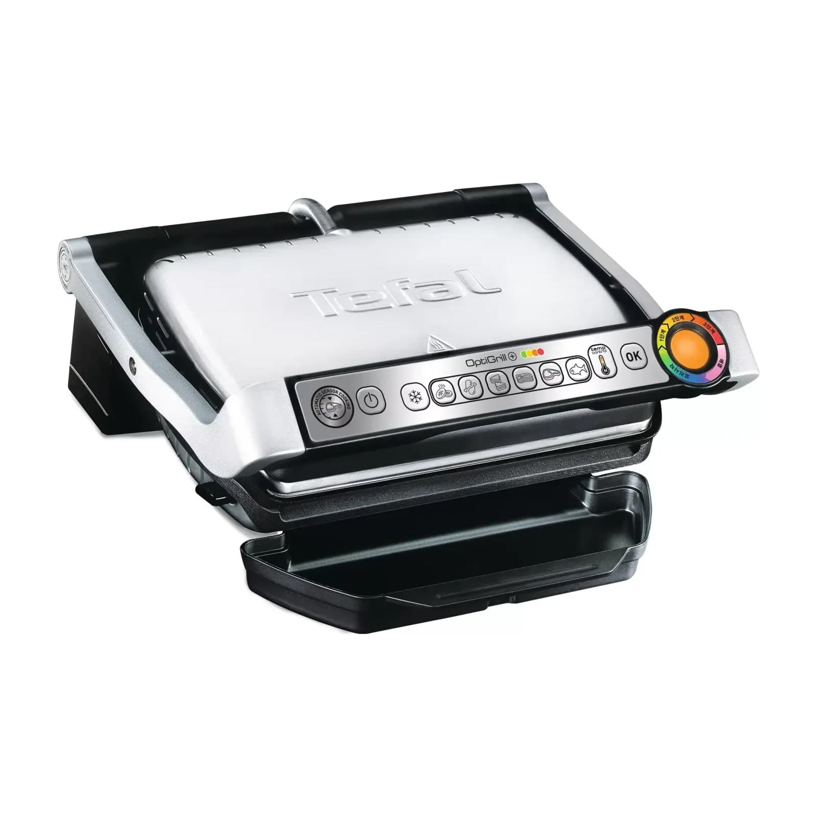 Tefal OptiGrill XL GC715D28 contact grill, silver, closed, showing the cooking programme panel
