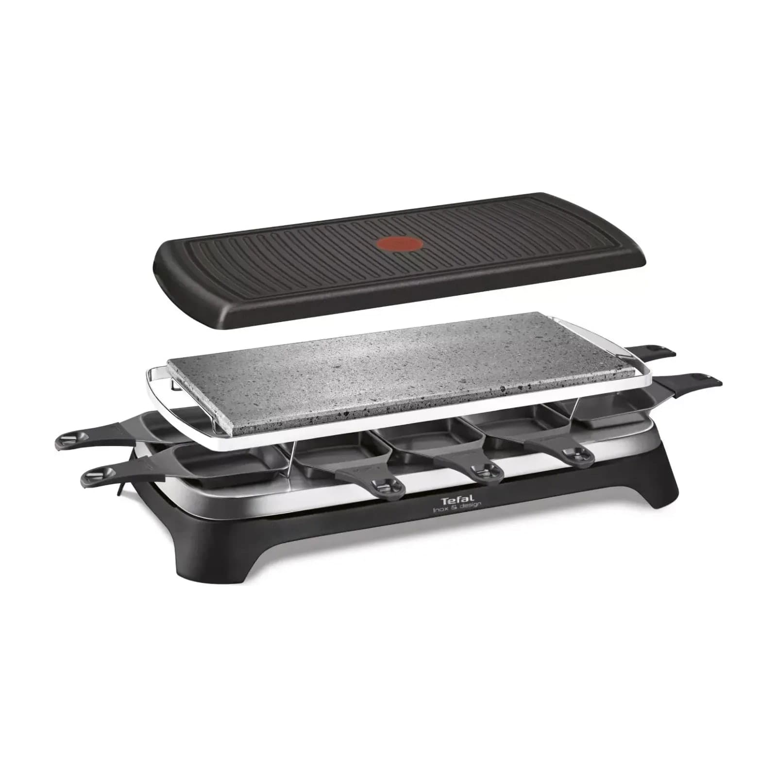 Tefal RE45A827 raclette pierrade 3-in-1 grill with its raclette pans in place