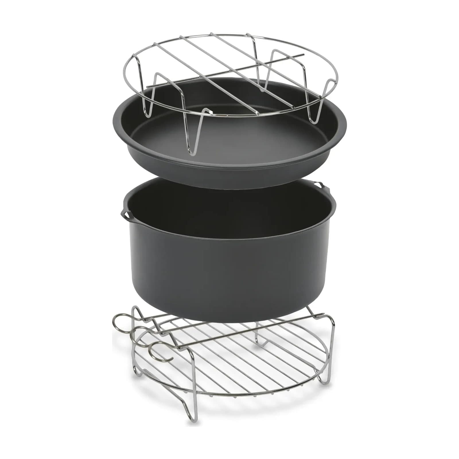 Tefal XA113010 four-piece air fryer accessory set: cake barrel, pizza pan, skewer rack and metal holder